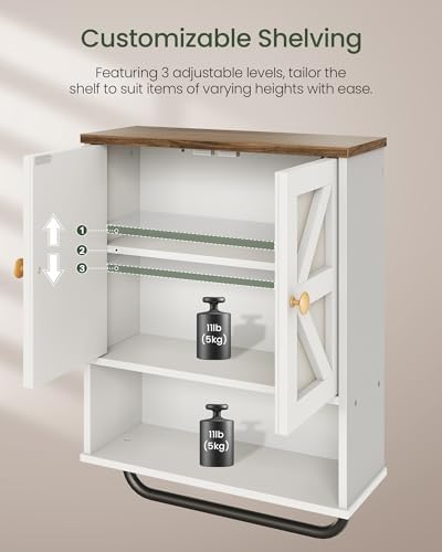 CHOEZON Bathroom Wall Cabinet, Medicine Cabinet with Open Partition and Towel Bar, Rustic Storage Cabinet with Open and Hidden Storage Space, for Bathroom, Living Room, Kitchen, White and Walnut