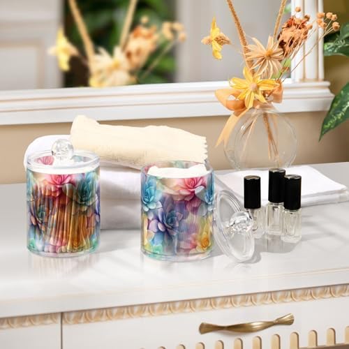 2 Pack Qtip Holder Organizer Dispenser Succulent Cactus Pattern Bathroom Storage Canister Cotton Ball Holder Container for Cotton Pads/Swabs/Floss