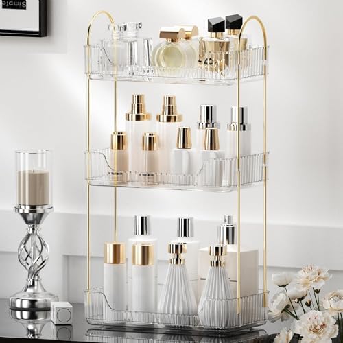 YCIA&DONE Bathroom Organizer Countertop, Makeup Storage, Skincare Cosmetic Tray Shelf, Perfume Holder Rack for Vanity Counter, Large Capacity, Easy to Install, Clean, 3 Tiers, Clear White