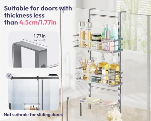 SWTYMIKI Over the Door Shower Caddy - 3 Tier Adjustable Shower Organizer Hanging with Soap Holder, No Drilling Stainless Steel Bathroom Rack Hanging for Body Wash, Shampoo, Soap, Razor, Silver