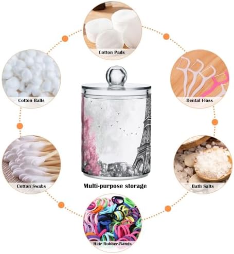Apothecary Jars Bathroom Storage Organizer with Lid - 14 oz Qtip Holder Dispenser, Pink Paris Tower Clear Plastic Canister for Cotton Swab, Cotton Ball, 2PCS