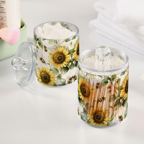 MNSRUU 2 Pack Qtip Holder Organizer Dispenser Flower Sunflower Bee Bathroom Storage Canister Cotton Ball Holder Bathroom Containers for Cotton Swabs/Pads/Floss
