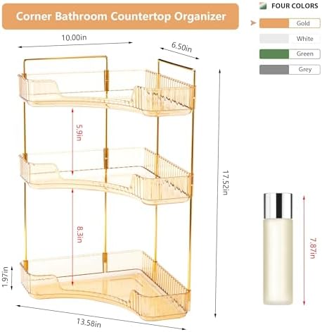 Corner Bathroom Counter Organizer Bathroom Countertop Shelf Makeup Organizer for Vanity Perfume Tray for Corner Storage (3 Tiers, Gold)