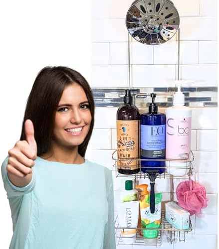 Gecko-Loc Extra-Long Adjustable Over-the-Showerhead Shower Caddy – Rustproof Stainless Steel Organizer with Suction Stabilizer, Deep Basket & Hooks – No-Drill, Tool-Free Installation (Silver)