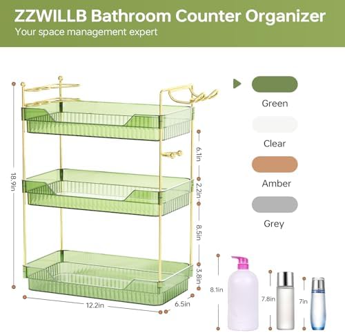 Bathroom Counter Organizer with Hair Dryer Holder and Toothbrush Holder, Acrylic Vanity Tray for Skincare, Perfume, Makeup Storage on Countertop ＆ Dresser (Green, 3-Tier)