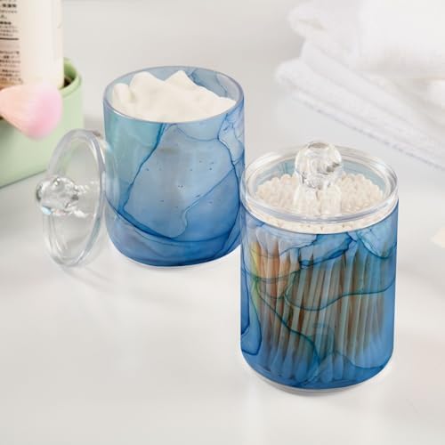 MNSRUU 2 Pack Qtip Holder Organizer Dispenser Blue Marble Fluid Art Bathroom Storage Canister Cotton Ball Holder Bathroom Containers for Cotton Swabs/Pads/Floss