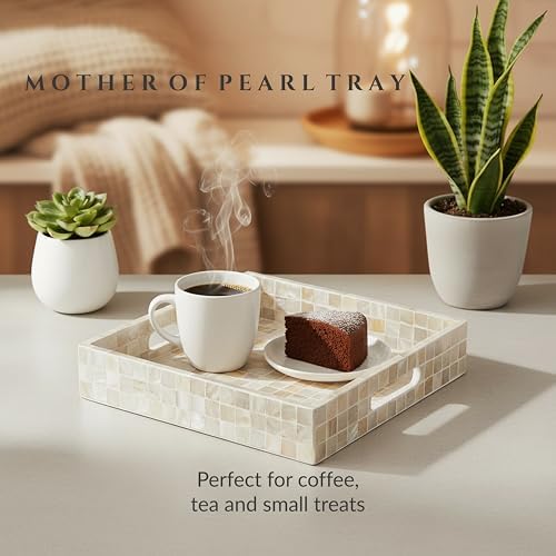 PEMAR 10" Mother of Pearl Catchall Tray for Coffee Table, Entryway, Nightstand. Square Serving Tray Wooden Luxury Decorative Handmade Eating Platters w Insert Handles (White Cream Squares Pattern)