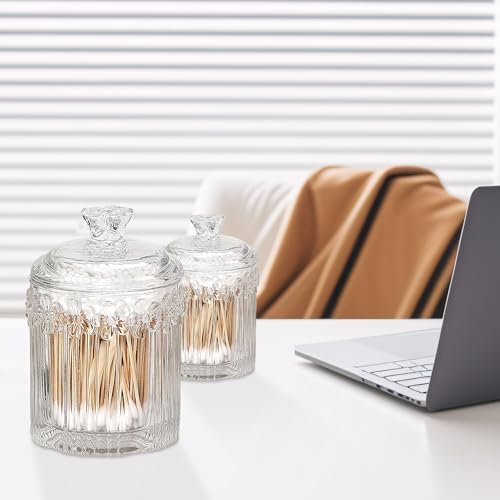 2 Pack Qtip Holder Thick Glass Apothecary Jars with Lid for Bathroom, Cotton Swab and Round Organizer, Vanity Storage Canisters for Makeup Pads, Floss (Transparent)