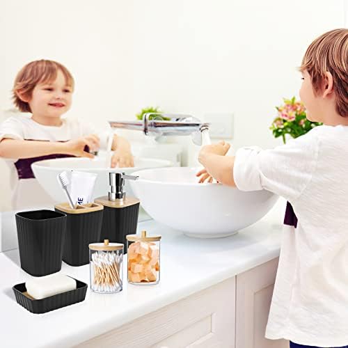 XLHOMO Black Bathroom Accessories Set, 9PCS Bathroom Accessory Set with Trash Can,Tray,Soap Dispenser,Toothbrush Holder,Toothbrush Cup,Soap Dish,Toilet Brush and Q-tip Holders for Housewarming