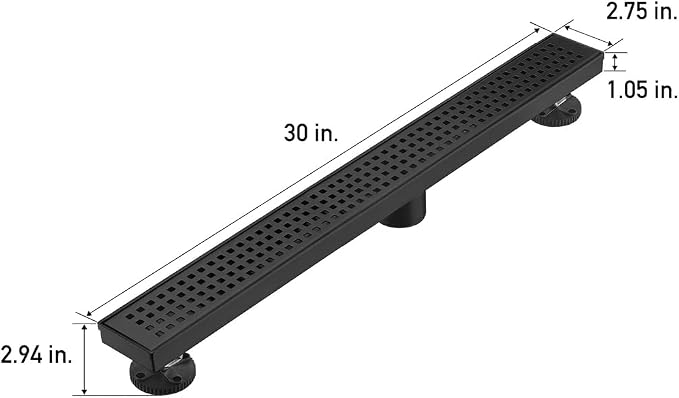 AVSIILE Linear Shower Floor Drain, Matte Black 30 Inch 304 Stainless Steel Bathroom Drains Kit, Long Rectangular Shower Trench Drain with Square Pattern Drain Cover & Hair Catcher