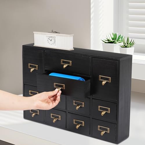 12 Drawers Apothecary Cabinet Library Card Catalog Cabinet Card Catalog Drawer with Metal Handles & Label Slot Wooden Desk Drawer Organizer for Herb Storage, Tea Collection (Black)