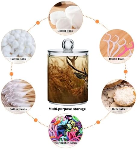4 Pack Apothecary Jars Bathroom Antler Deer Qtip Holder Dispenser Clear Plastic Storage Canister Jar with Lid for Cotton Ball, Cotton Swab