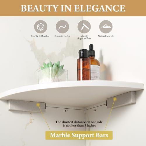 Koville 2 Pcs White Marble Corner Shower Shelf for Bathroom, 10'' Polished Marble Corner Shelves for Bath, Wall Mounted Stone Corner Shower Caddy, No Drilling Adhesive Shower Shelf