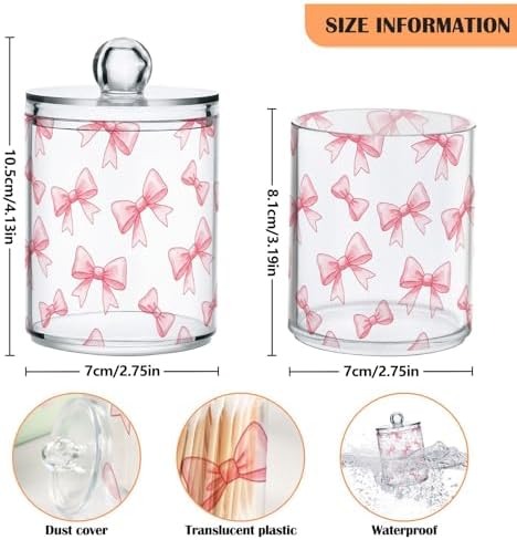 ALAZA Bow on White 2 Pack Qtip Holder Dispenser for Cotton Swabs, Balls, Pads, Floss 10 oz Plastic Canister Organizer