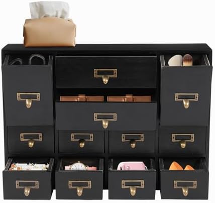 12 Drawers Apothecary Cabinet Library Card Catalog Cabinet Card Catalog Drawer with Metal Handles & Label Slot Wooden Desk Drawer Organizer for Herb Storage, Tea Collection (Black)