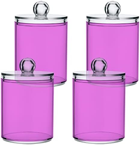 SHJI Orchid Qtip Holder Organizer Dispenser Cotton Swabs Cans Plastic Jars with Lid Set 4 Pack Bathroom Storage Canister for Cotton Ball Floss Cotton Pads