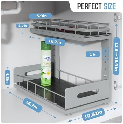 Under Sink Organizer Upgrade To Professional Rails,2-Tier Dual Pull Out Cabinet Storage,Height Adjustable Slide Out Drawers For Bathroom Kitchen,2 Pack-16.7"Dx12.8"-16.9"H,Gun Gray