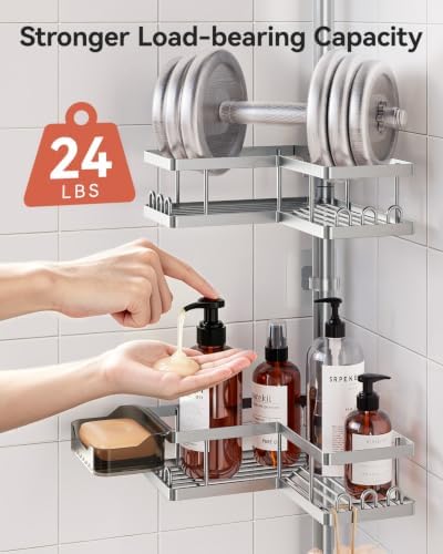 YASONIC Corner Shower Caddy Tension Pole, 25.7-109.1in Adjustable Shower Shelves, Rust-Resistant Shower Organizer, No-Drill 3-Step Installation, Bathroom Shelves for Renters & Family, Silver