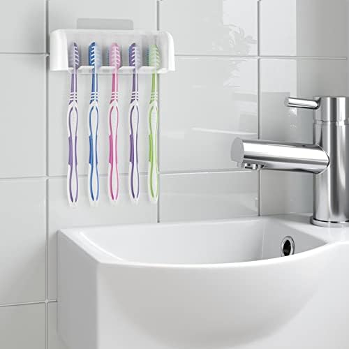 5 Slots Wall Mount Toothbrush Holder with Cover, Self Adhesive Toothbrush Storage Organizer for Shower, Toothbrush Hanger for Bathroom, Medicine Cabinet, Dorm