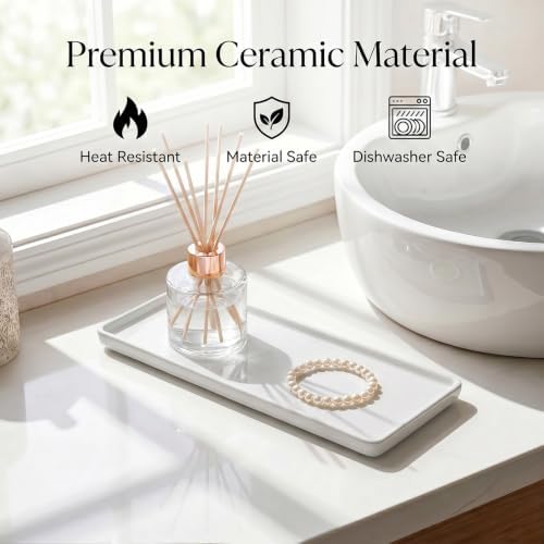 10″ x 3.5″ Ceramic Bathroom Vanity Tray, Rectangular Decorative Countertop Tray for Bathroom Kitchen, Ceramic Organizer Tray for Perfume, Candle, Jewelry, Cosmetics, Soap Dispenser, Dresser Top, White