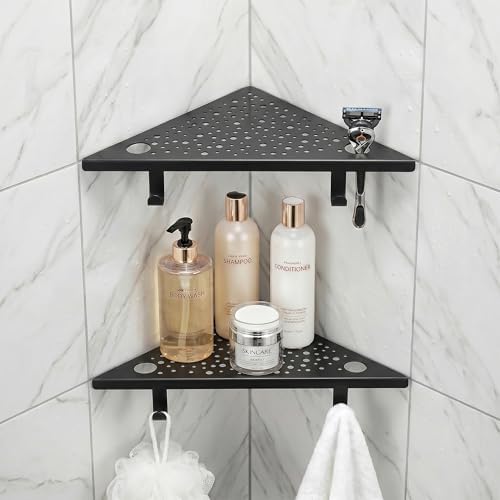 HIDROP Matte Black Corner Shower Shelves with Hooks and Razor Holes, 2 Pack