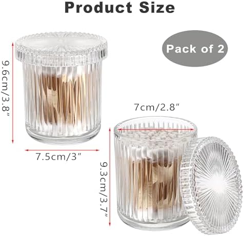 2 Pack Glass Qtip Holder with Lid, Qtip Dispenser Bathroom Storage Jars- Glass Apothecary Jars for Cotton Ball, Swab, Pads, Floss Picks, Bathroom Accessories Organization and Vanity Organizer(Clear)