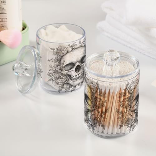 Sugar Skull Qtip Holder 2 Pack - 10 Oz Clear Plastic Apothecary Jar Set for Bathroom Organization - Versatile Canister Storage for Cotton Balls, Swabs, Rounds