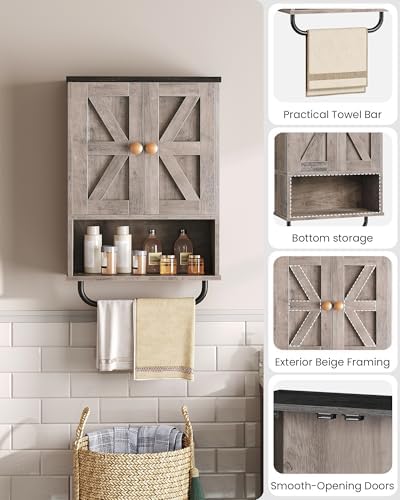 CHOEZON Bathroom Wall Cabinet, Medicine Cabinet with Open Partition and Towel Bar, Rustic Storage Cabinet with Open and Hidden Storage Space, for Bathroom, Living Room, Greige and Charcoal Black