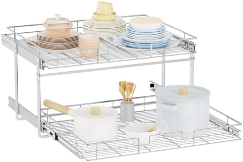 LOVMOR Individual Pull Out Cabinet Organizer, 2 Tier Slide Out Cabinet Drawers, Pots and Pans Organizer and Storage Pantry Shelf for Kitchen (25½" W x 21½" D)