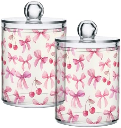 ALAZA 2pcs Watercolor Bow Cherry Qtip Holder Dispenser 14 oz Bathroom Storage Clear Apothecary Jars Containers Cotton Ball,Cotton Rounds,Floss Picks, Hair Clips, Food