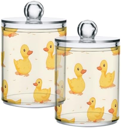 2 Pack Qtip Holder Organizer Dispenser Ducks Yellow Bathroom Storage Canister Cotton Ball Holder Container for Cotton Pads/Swabs/Floss