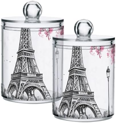 Apothecary Jars Bathroom Storage Organizer with Lid - 14 oz Qtip Holder Dispenser, Pink Paris Tower Clear Plastic Canister for Cotton Swab, Cotton Ball, 2PCS