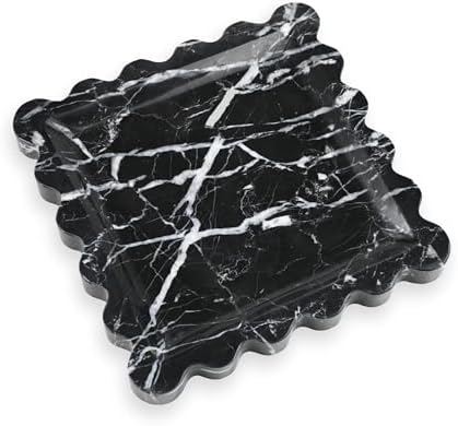 Scalloped Square Marble Decorative Tray, Natural Stone Vanity & Jewelry Tray, Trinket Organizer for Ring, Key, Dresser, Nightstand, Bathroom Counter & Kitchen Sink(Black)