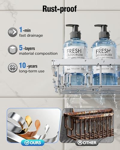 Shower Caddy 7 Pack, Adhesive Bathroom Shower Organizer for Bathroom Storage, No Drilling Large Capacity Rustproof Stainless Steel Shower Shelves Rack for Bath, Silver
