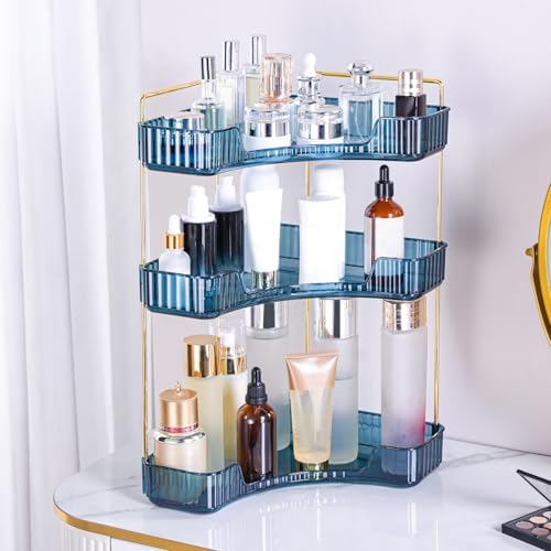 Corner Bathroom Counter Organizer Bathroom Countertop Shelf Makeup Organizer for Vanity Perfume Tray for Corner Storage (3 Tiers, Blue)