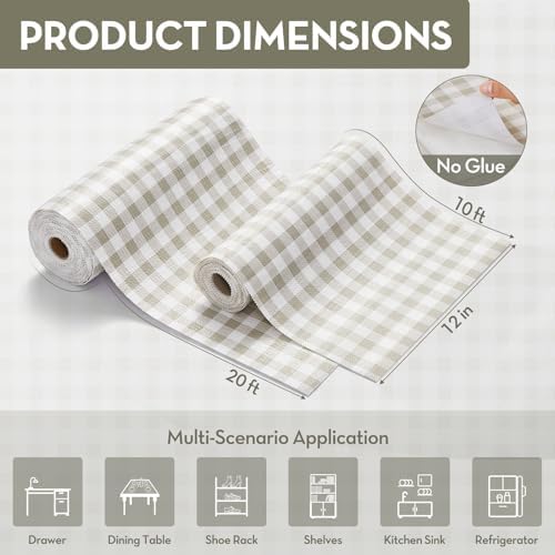 Drawer and Shelf Liner for Kitchen Cabinet Liner Non-Adhesive Non-Slip Shelf Thick Strong Grip Waterproof Contact Paper Easy to Clean for Shelves, Cupboard, Desks,Green Plaid,12IN X 10FT