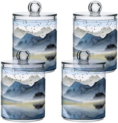MNSRUU 2 Pack Qtip Holder Organizer Dispenser Abstract Art Mountains and Birds Bathroom Storage Canister Cotton Ball Holder Bathroom Containers for Cotton Swabs/Pads/Floss