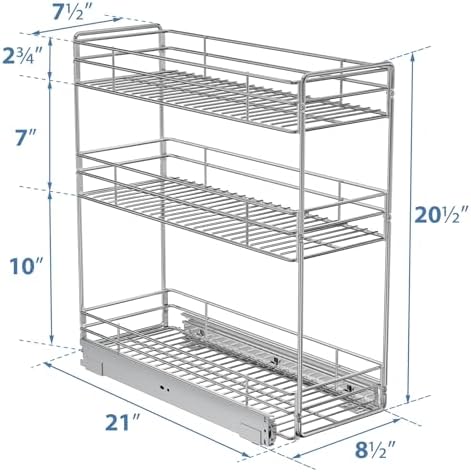 ROOMTEC 3-Tier Pull Out Cabinet Organizer for Narrow Cabinet (8.5" W X 20.5" D), Kitchen Cabinet Organizer and Storage Cabinet Pull Out Shelves Under Cabinet Storage for Kitchen, Chrome