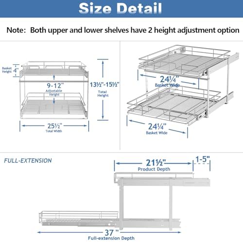 ROOMTEC Individual Pull Out Cabinet Organizer (25½"W x 21½"D), 2 Tier Spice Rack Organizer for Cabinet, Slide Out Drawer Pantry Shelf Organization and Storage for Kitchen Bathroom
