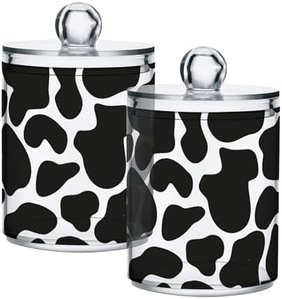 2 Pack Plastic Qtips Holder Cow Print Bathroom Organizer Canisters for Cotton Balls/Swabs/Pads/Floss,Plastic Apothecary Jars for Vanity