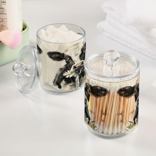 Watercolor Cow Qtip Holder 2 Pack - 10 Oz Clear Plastic Apothecary Jar Set for Bathroom Organization - Versatile Canister Storage for Cotton Balls, Swabs, Rounds
