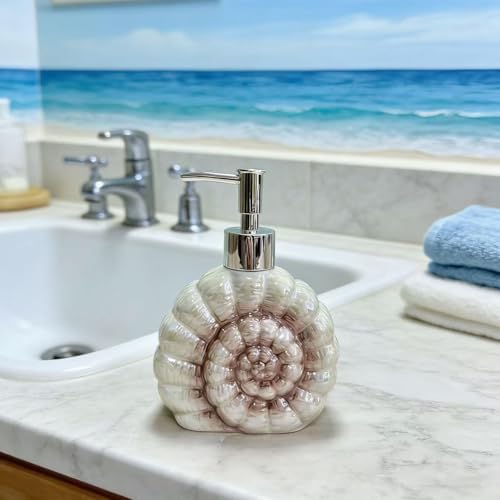 Ceramic Bathroom Accessory Set - 4 Piece Seashell & Starfish Decor, Includes Soap Dispenser, Toothbrush Holder, Soap Dish & Tumbler, Beach Themed Bath Decor (Yellow)