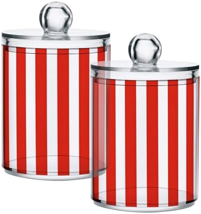 ALAZA Red White Striped 4 Pack Qtip Holder Dispenser for Cotton Swabs, Balls, Pads, Floss 10 oz Plastic Canister Organizer