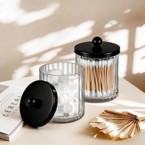Amolliar Qtip Holder Dispenser, Clear Glass Apothecary Jar (Black 4 Pack)