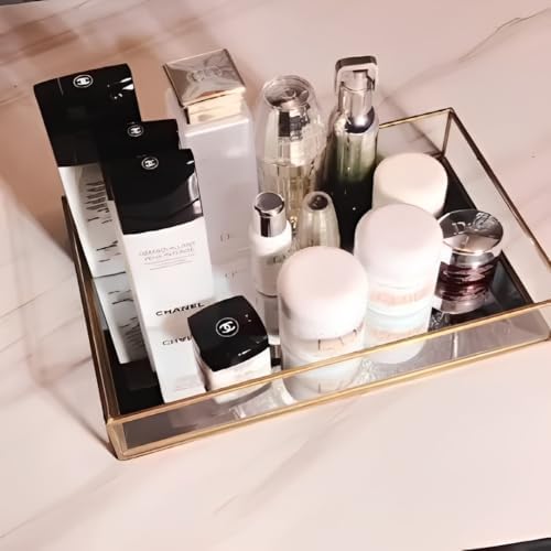 Sooyee Gold Rectangle Mirror Tray, Metal and Glass Fragrance Tray, 12"x8"