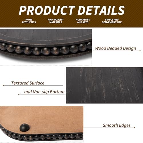 HPC Decor 15in Oval Tray for Home Decor - Black Wood Beaded Tray - Decorative Serving Tray,Rustic Farmhouse Wooden Trays for Vintage Centerpiece,Kitchen Counter,Living Room Decor,Coffee Table Decor.