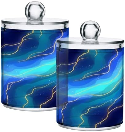 MNSRUU 2 Pack Qtip Holder Organizer Dispenser Blue Marble Bathroom Storage Canister Cotton Ball Holder Bathroom Containers for Cotton Swabs/Pads/Floss