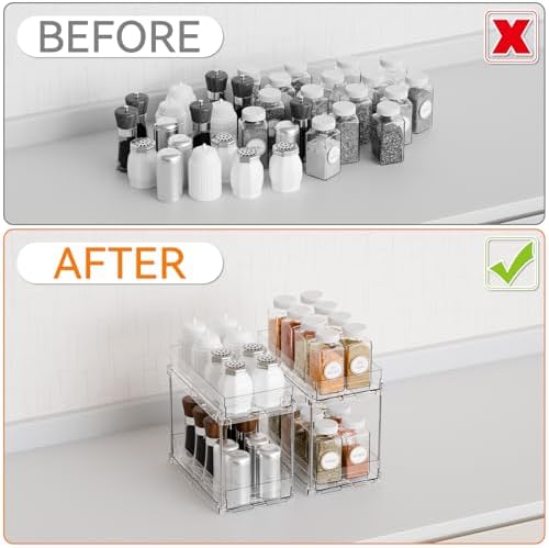 Yieach 4 Pack 2 Tier Vertical Spice Rack Pull Out,10.4'' Deep Narrow Slide Out Spice Rack Organizer for Inside Cabinets,Kitchen,Pantry,Cupboard Seasoning,Can,Jar Organizer and Medicine Cabinet Storage