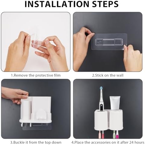 Toothbrush Holders with 2 Mouthwash Cup Wall Mounted for Bathrooms, 2 Slots Bathroom Organizer for Toothpaste, Electric Toothbrush, Razor, Floss, Self Adhesive Toothbrush Hanger Storage for Shower