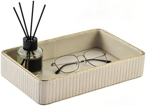PU Leather Valet Tray,Desk Organizer Tray Nightstand Organizer Trinket Dish Storage Key Bowl Decorative Trays for Phone Wallet Jewelry Watch,Bathroom Bedroom Perfume Vanity Trays,Beige